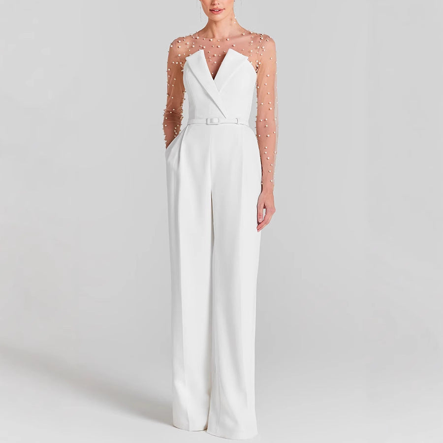 European And American Spring And Summer New Long Sleeve Inner Wear Foam Beads Stitching Jumpsuit