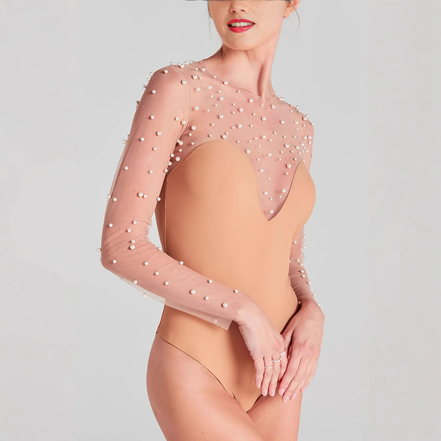 European And American Spring And Summer New Long Sleeve Inner Wear Foam Beads Stitching Jumpsuit