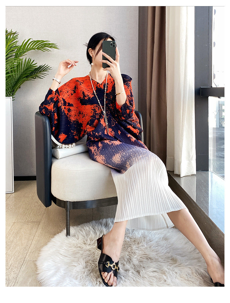 Women's Pleated Vintage Printed Batwing Sleeve Dress