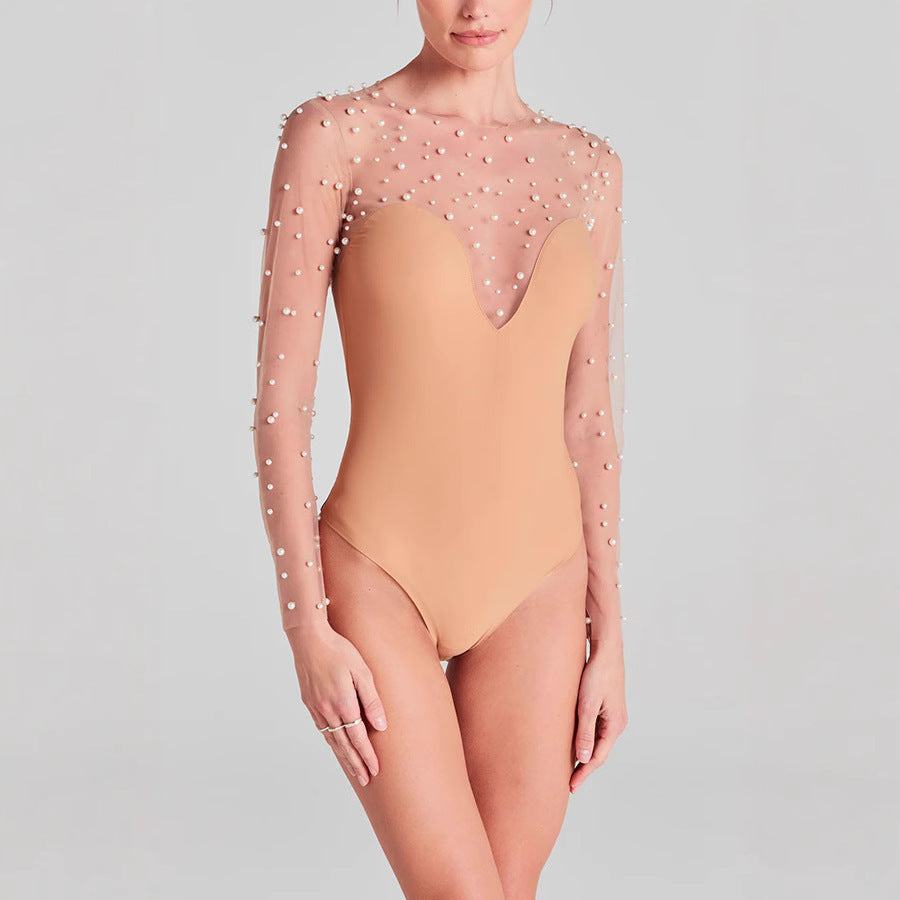 European And American Spring And Summer New Long Sleeve Inner Wear Foam Beads Stitching Jumpsuit